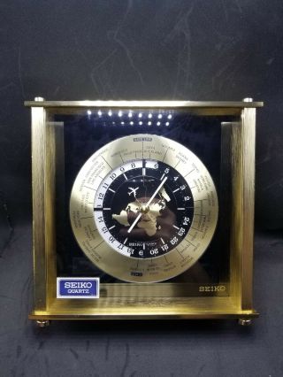 Brass Seiko Quartz Desk Mantle World Time Zone Clock with Airplane Second Hand 2
