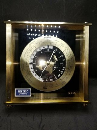 Brass Seiko Quartz Desk Mantle World Time Zone Clock with Airplane Second Hand 3