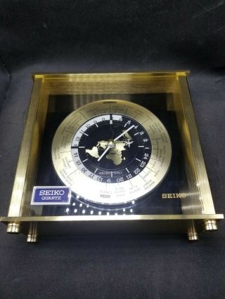 Brass Seiko Quartz Desk Mantle World Time Zone Clock with Airplane Second Hand 5