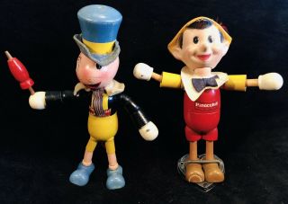 Ideal Toy Co Jiminy Cricket & Pinocchio Jointed Wooden Figures Walt Disney