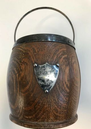 1920’s English Antique Oak Humidor Tobacco Jar W/ Silver Plate Shield
