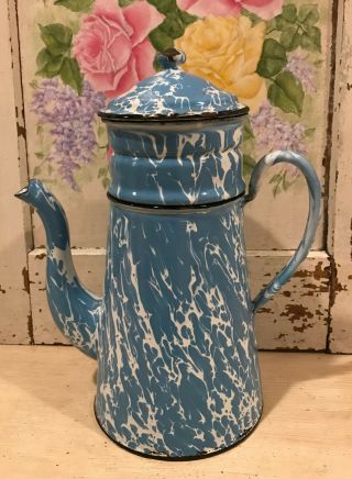 Antique French Enamelware Coffee Pot Biggin Blue White Marbled Swirl Design