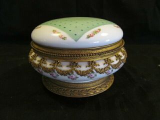 Antique Russian Porcelain And Metal Vanity Dresser Powder Jar