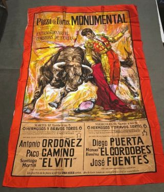 1960s Mcm Vintage Plaza De Toros Monumental Matador Bull Fighting Tapestry 30x47