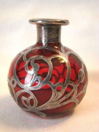 Antique Art Nouveau Silver Overlay Glass Perfume Bottle,  Cranberry Glass