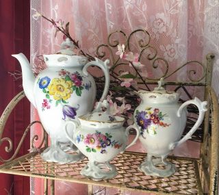 Painted Fraureuth Porcelain Coffee And Tea Service For Eight