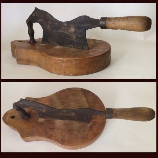 Antique Primitive Iron Horse Figural Tobacco Cutter - Shield Wood Board 19th C.