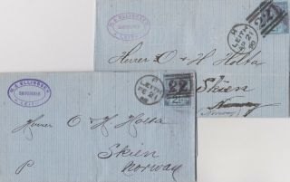 1888 - 90 Qv Two Leith Shipbrokers Letters With 2½d Blue Stamps Sent To Norway