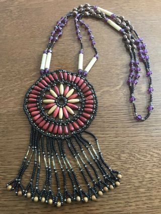 Large Native American Beaded Necklace Purple Red Wood Sun Regalia