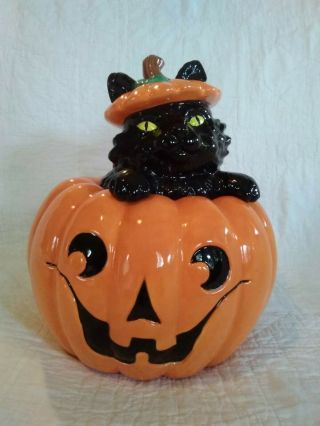 Very Rare Harry And David Halloween Black Cat In Jack O Lantern Cookie Jar