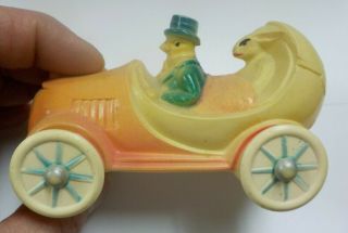 Celluloid Easter Chicken Driving Car W/ Easter Bunny In Back Seat Toy Decoration