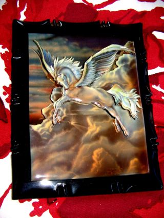 Handmade 1980 Sue Dawe Flying Pegasus Artist Signed 3d Decoupage Wood Art Plaque