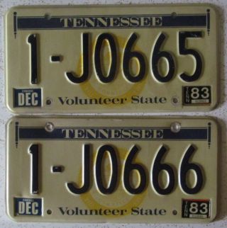 Tennessee 1983 Consecutive Number License Plates Quality 1 - J0665 & 1 - J0666