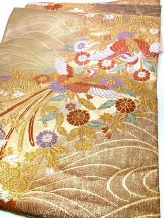 Japanese Kimono Obi Fabric Panel 42 " _silk,  Gold,  Long - Tailed Bird,  Wave,  187 - B