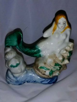 Vintage Nude Mermaid Lounging On Shells,  Aquarium Fish Tank Ornament Figurine.