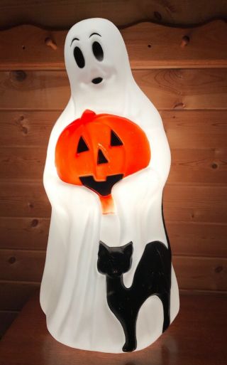 Halloween Ghost W/ Black Cat & Pumpkin Blow Mold 34 " Tall Vintage