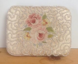 Vintage Beaded On Silk Compact Made In France Broderie Main Swan Down Puff