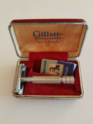 Gillette Safety Razor In Case Box W Extra Old Man Blades Pack Vintage