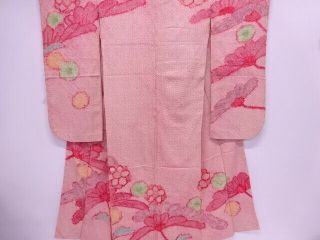 72643 Japanese Kimono / Antique Furisode / All Shibori / Floral Plants
