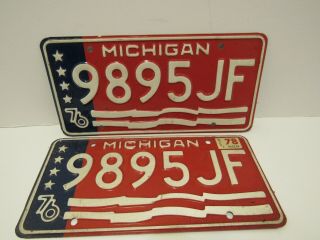Vintage 1976 Michigan Bi - Centennial License Plates 9895jf Matching Pair Set