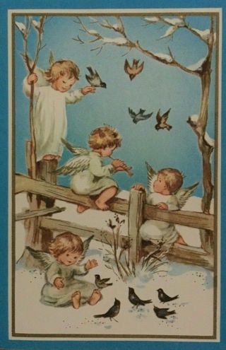 Angels And Birds Playing Vintage Mid Century Brownie Christmas Card