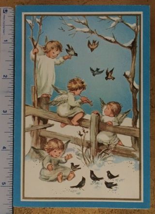 ANGELS AND BIRDS PLAYING VINTAGE MID CENTURY BROWNIE CHRISTMAS CARD 2