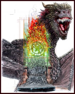 Game Of Thrones Drogon - Iron Throne Uncut Artist Return Sketch Card By Cover