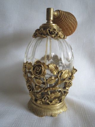 Vintage Matson Crystal Ormolu Gold Filigree Rose Perfume Bottle With Atomizer