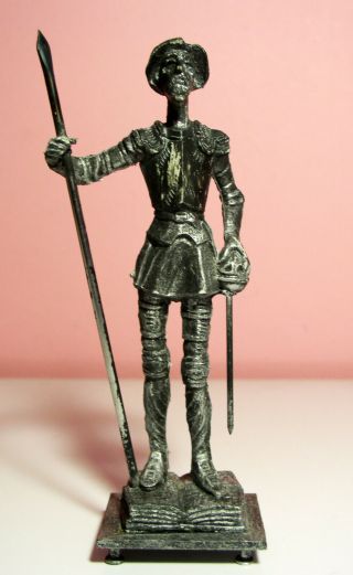 Vintage Small Piuter Statue Of Don Quijote De La Mancha W/pedestal 6 Inches High