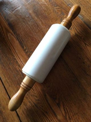 Antique White Ironstone / Stoneware Rolling Pin W/wooden Handles