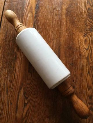 ANTIQUE WHITE IRONSTONE / STONEWARE ROLLING PIN w/WOODEN HANDLES 2