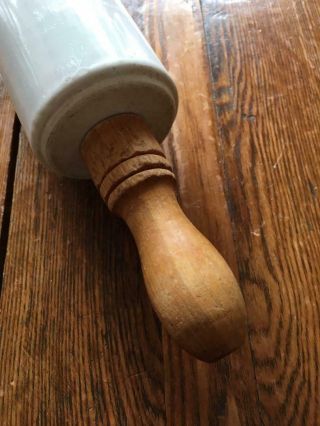 ANTIQUE WHITE IRONSTONE / STONEWARE ROLLING PIN w/WOODEN HANDLES 3