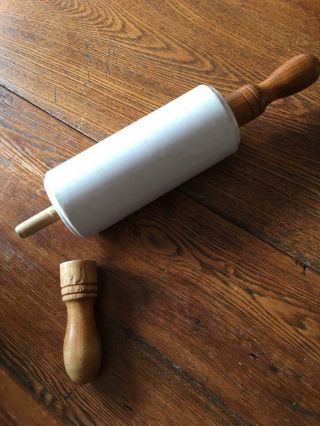 ANTIQUE WHITE IRONSTONE / STONEWARE ROLLING PIN w/WOODEN HANDLES 4