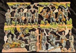 Antique German Paper Die Cut Litho German Toy Soldier Ww2 4 Square " Uncut Sheet "