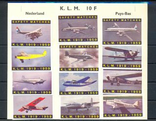 Netherlands Aviation Klm Jubilee 1959 12 Dif Matchbox Labels Vf