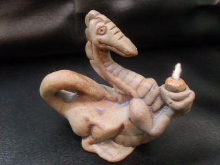 Vintage Flat Earth Pottery Dragon Oil Lamp,  Hand Made Signed Flat Earth 86