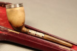 Cased 19thc Antique Clay,  Horn & Silver Cutty Estate Pipe Pipa Pfeife 烟斗