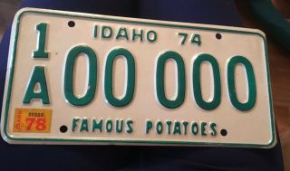 1974 Idaho Sample Auto License Plate 1 A " 00 000 " Id 74 1978 Sticker Potatoes