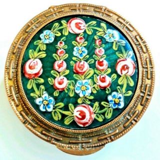 Antique Victorian French Guilloche Enamel Compact Powder With Raised Roses.  See