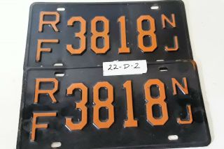 Vintage Jersey License Plate Set Black W/ Orange Letters Rf3818 Nj