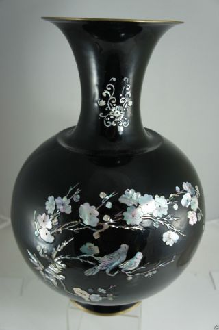 Vintage Korean Black Metal Large Vase Mother Of Pearl Inlay Birds Flowers