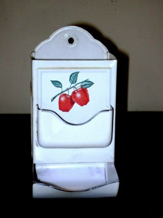 Vintage 1950s Metal Match Box Holder Wall Mount Tin Kitchen Apples