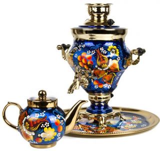 Blue Electric Samovar Teapot Tray Us Compatible 110 V Hand Painted Flowers Birds