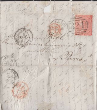1862 Guernsey Part Letter With A 4d Red Stamp Sg79 Sent To France Cat £250