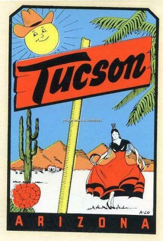 Vintage Tucson Arizona State Souvenir Travel Waterslide Window Decal Sticker Art