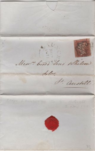 1841 Qv Launceston Mx Maltese Cross On Cover With A Trimmed 1d Penny Red Stamp