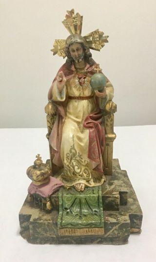 Vintage Sacred Heart Of Jesus Christ The King 9.  5 Inch Throne Statue Spain