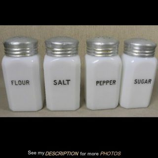 Antique 1930 - 40s Mckee Glass White 4pc Range Shaker Set Salt Pepper Sugar Flour