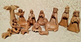 Handmade 15 Piece Brown Clay Pottery Christmas Nativity Scene Figures Set