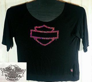 Harley Davidson Ladies Sequin Logo Long Sleeve Boat Neck Breast Cancer Sz.  1w